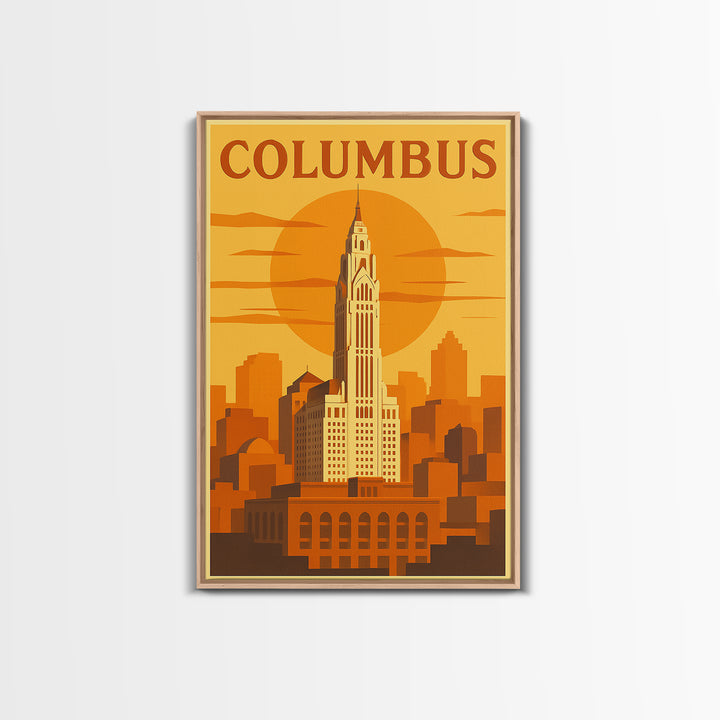 Columbus Travel Poster, Framed Canvas Print, Golden Travel Poster Art, Columbus Travel Art, Wanderlust Decor, City Illustration