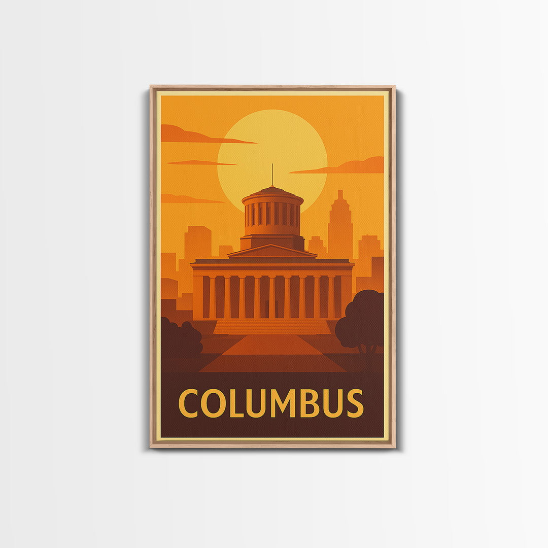 Columbus Travel Poster, Framed Canvas Print, Warm Sunset Silhouette Art, Columbus City Art, Living Room Wall Art, Travel Poster Set