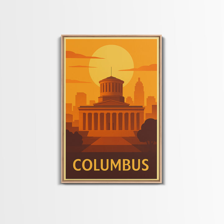 Columbus Travel Poster, Framed Canvas Print, Warm Sunset Silhouette Art, Columbus City Art, Living Room Wall Art, Travel Poster Set