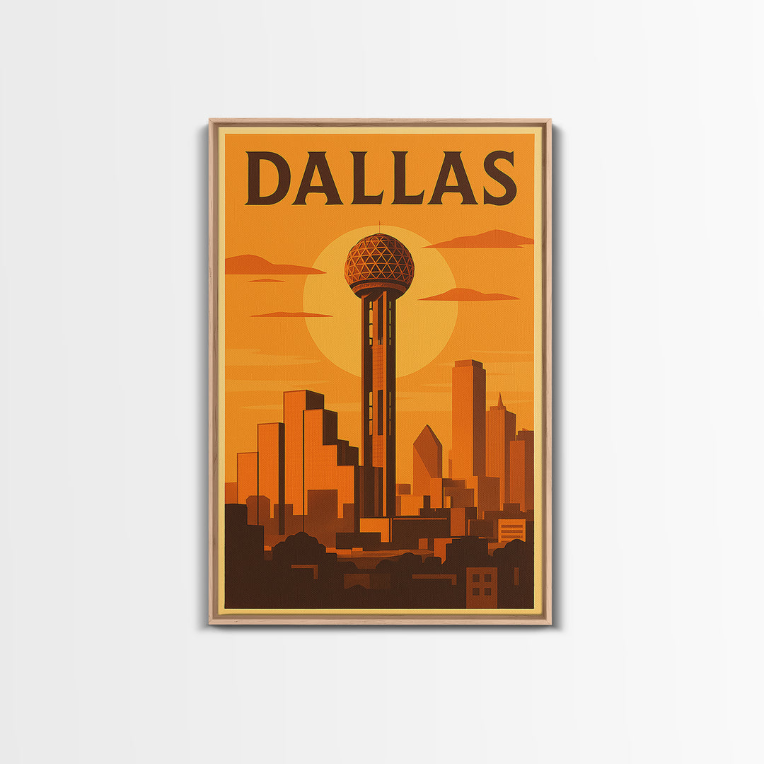Dallas Texas Travel Poster, Canvas Print, Golden Poster Art, Dallas Wall Art, City Illustration, Mid Century Wall Art, Vintage Travel Art