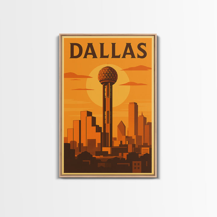 Dallas Texas Travel Poster, Canvas Print, Golden Poster Art, Dallas Wall Art, City Illustration, Mid Century Wall Art, Vintage Travel Art