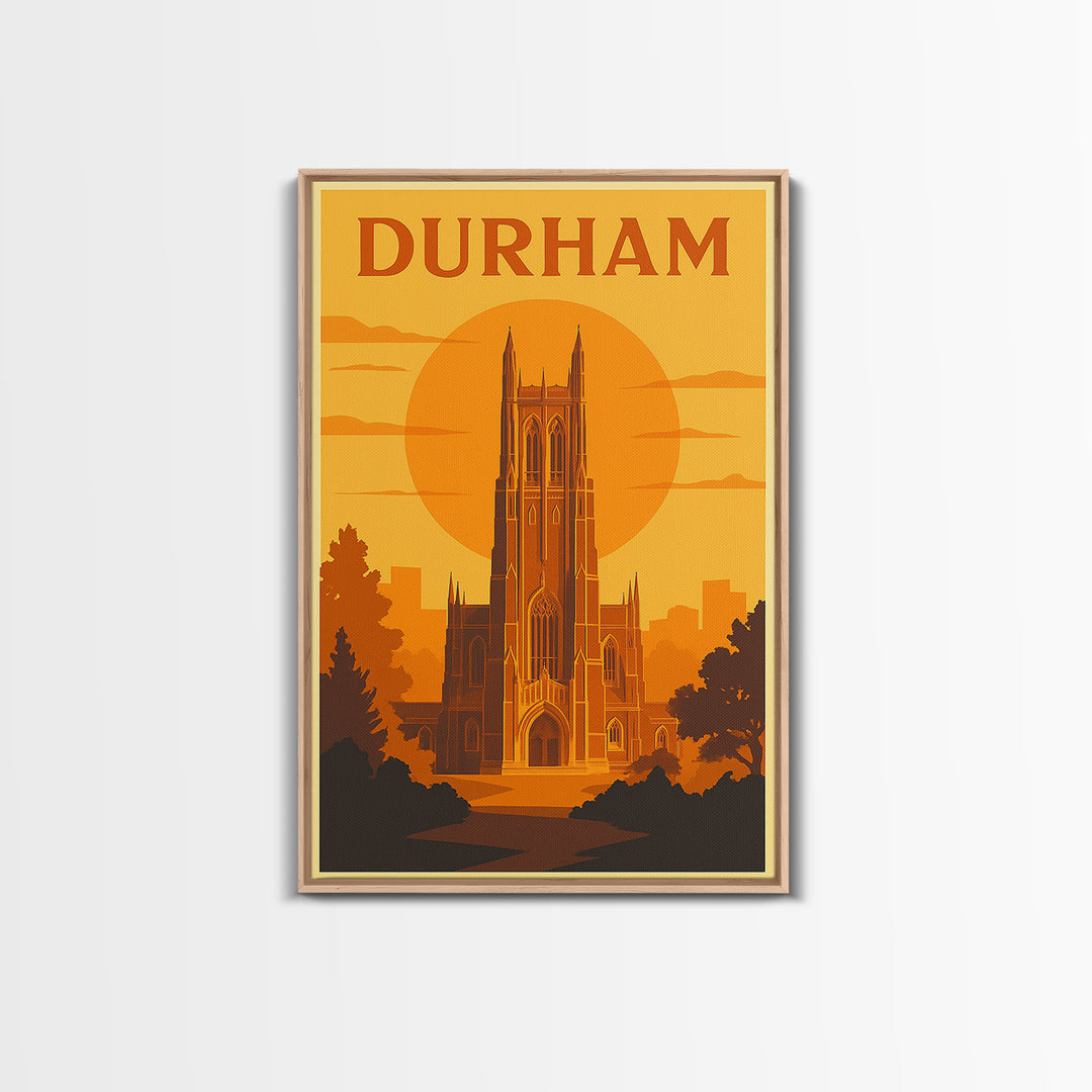Durham North Carolina Travel Poster, Canvas Print, Warm Sunset Silhouette Art, Durham Wall Art, Vintage City Art, Travel Wall Art
