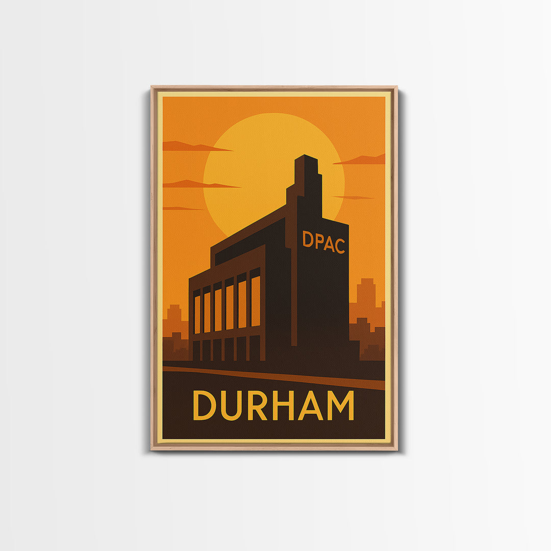 Durham Travel Poster, Framed Canvas Print, Warm Sunset Silhouette Art, Durham Art Print, Retro Travel Print, Vintage Travel Print