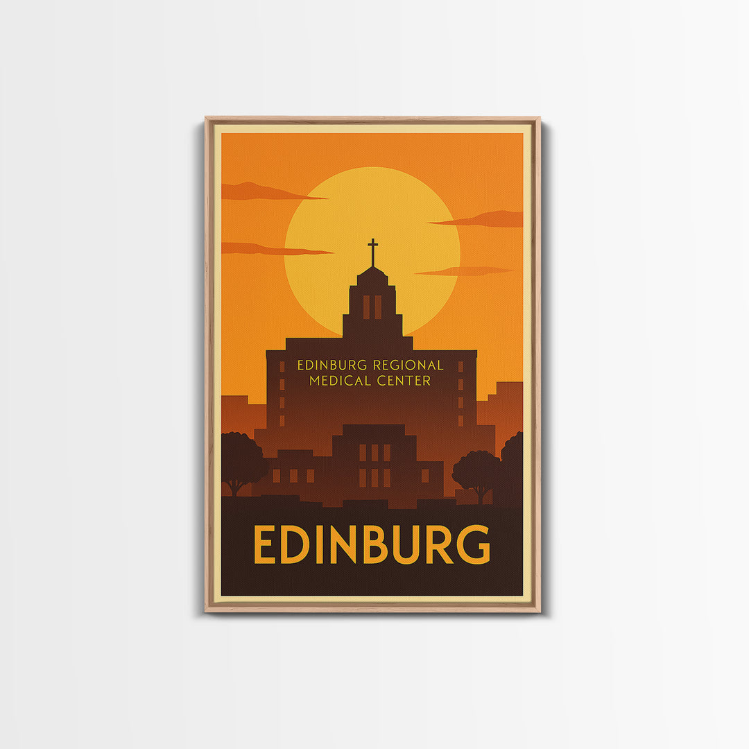 Edinburg Travel Poster, Framed Canvas Print, Golden Travel Poster Art, Edinburg Travel Art, Vintage City Art, City Illustration