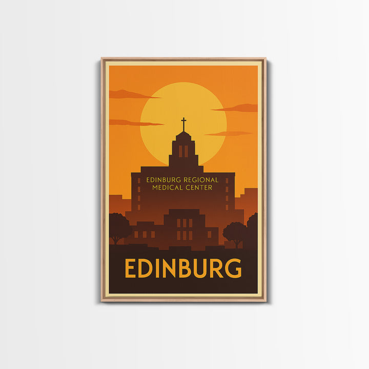 Edinburg Travel Poster, Framed Canvas Print, Golden Travel Poster Art, Edinburg Travel Art, Vintage City Art, City Illustration