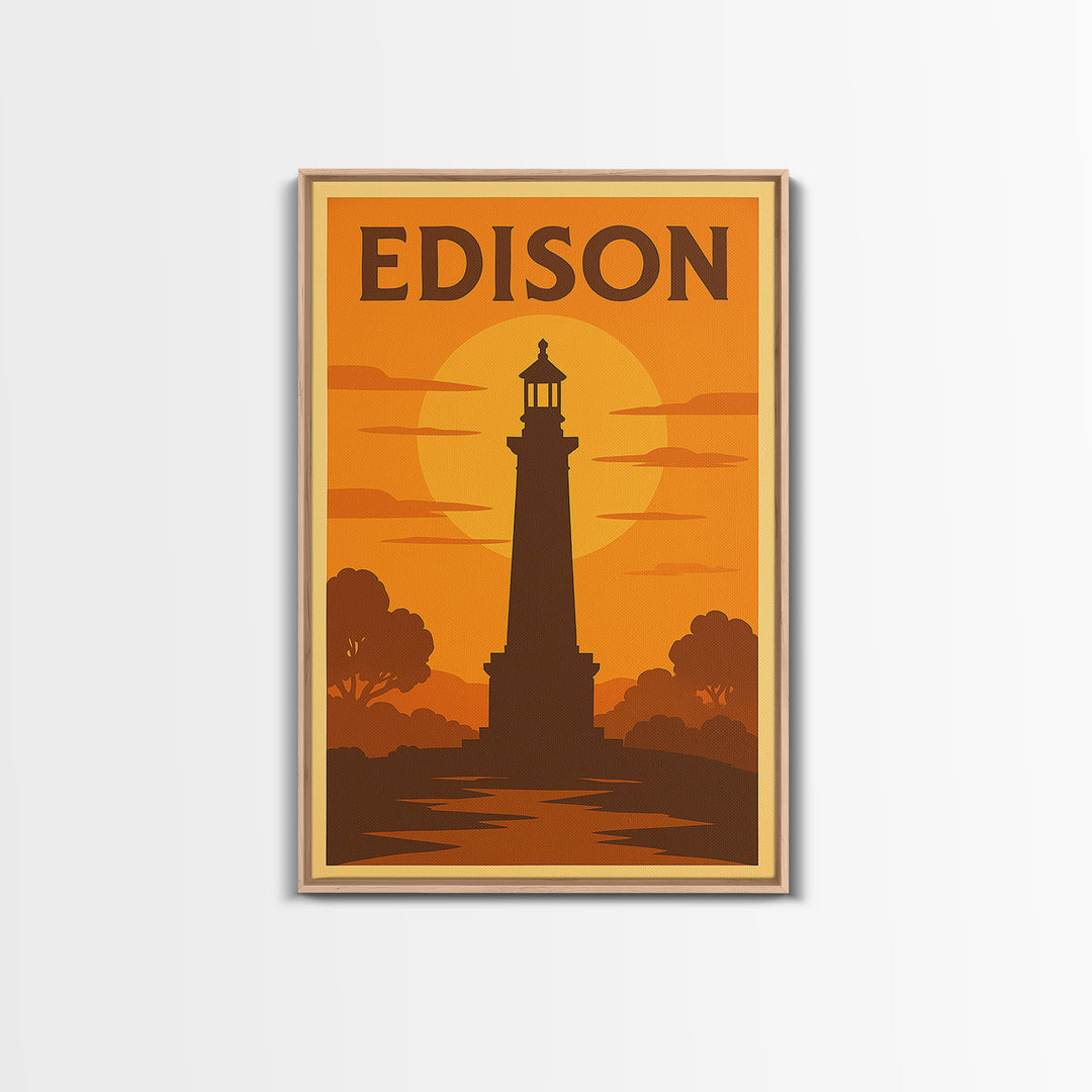 Edison New Jersey Travel Poster, Framed Canvas Print, Warm Sunset Silhouette Art, Edison Art Print, Home Office Decor, Modern Wall Decor