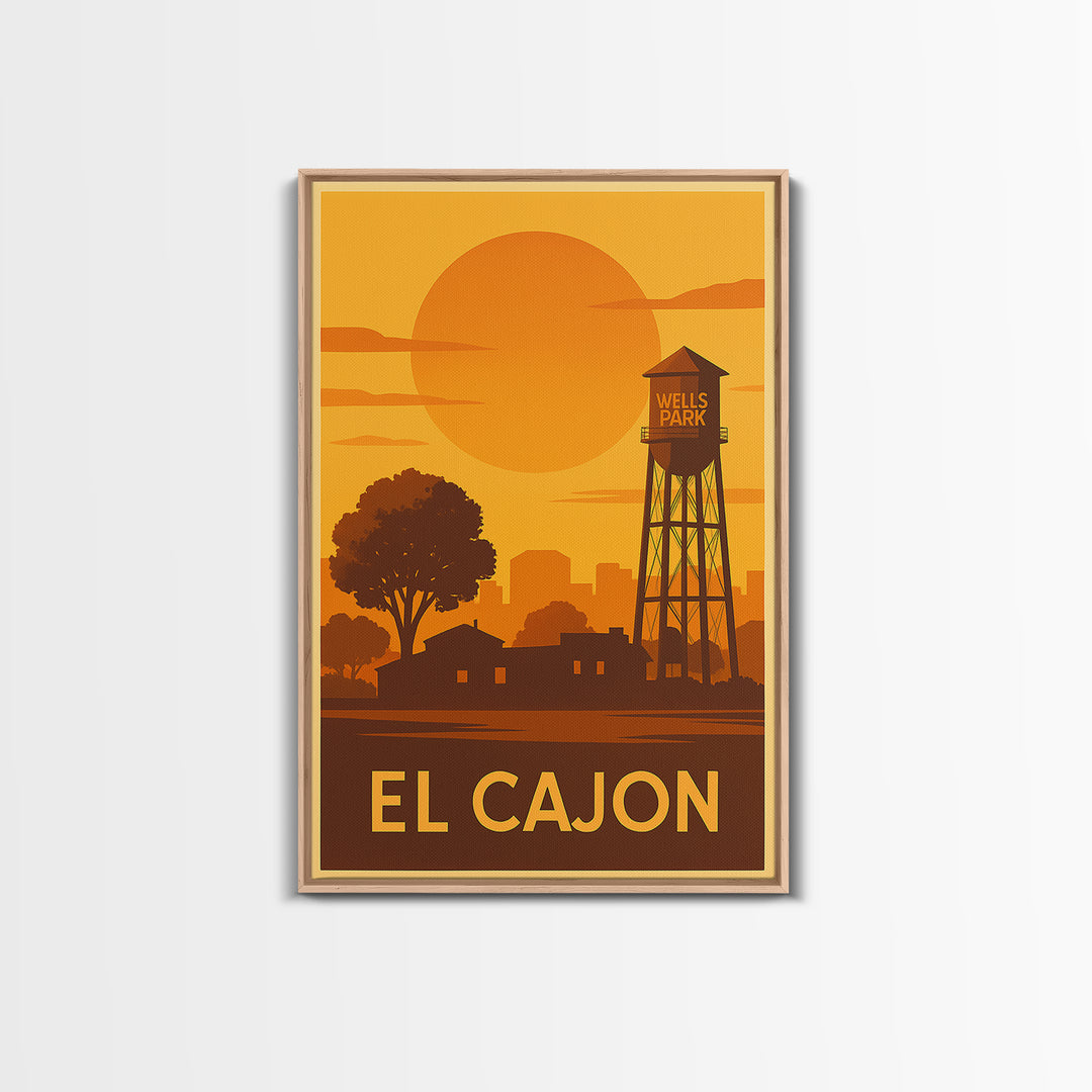 El Cajon Travel Poster, Framed Canvas Print, Golden Travel Poster Art, El Cajon Art Print, Travel Wall Art, City Illustration, Wall Art