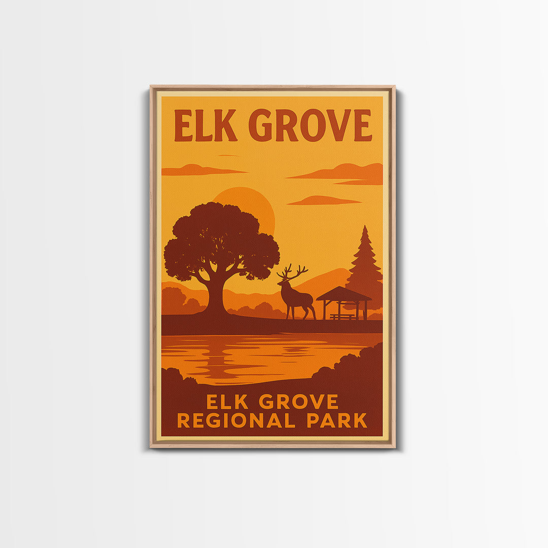 Elk Grove California Travel Poster, Framed Canvas Print, Warm Sunset Silhouette Art, Elk Grove Art Print, City Art Print, City Illustration