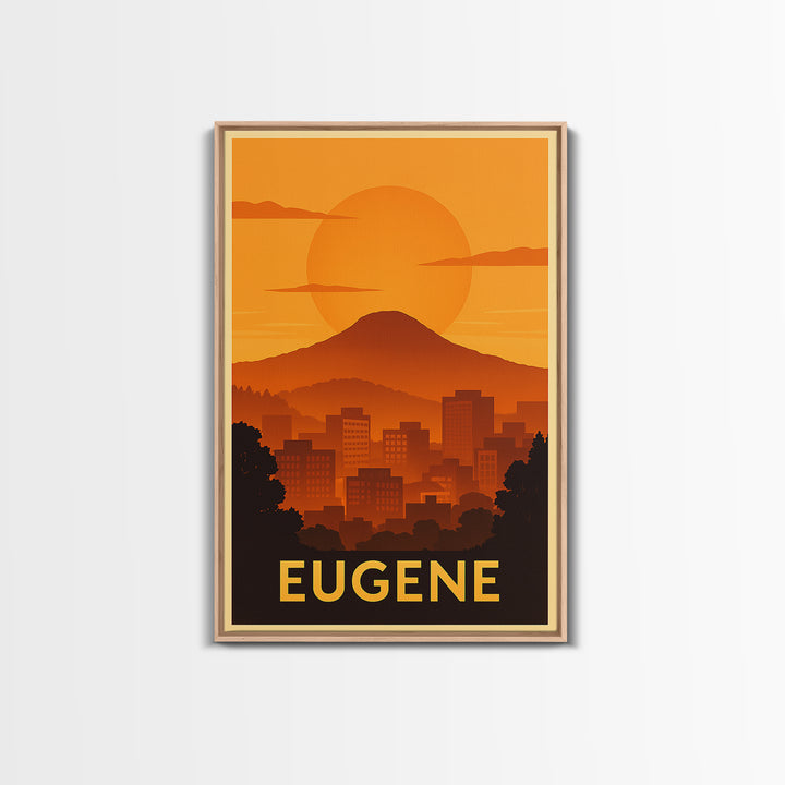 Eugene Travel Poster, Canvas Print, Warm Sunset Silhouette Art, Eugene Wall Art, Living Room Wall Art, City Art Print, Vintage City Poster