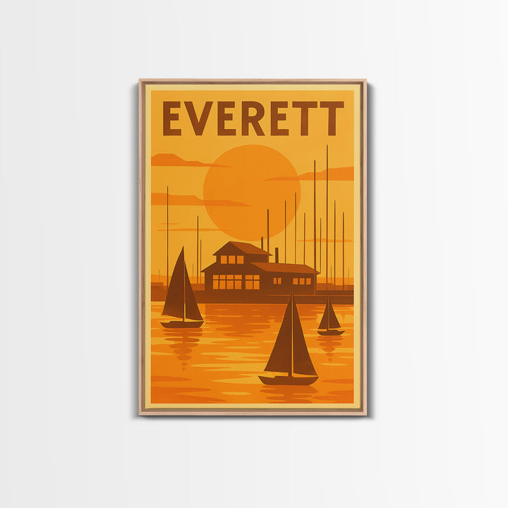 Everett Washington Travel Poster, Canvas Print, Warm Sunset Silhouette Art, Everett Poster Print, Travel Art Print, Vintage City Poster