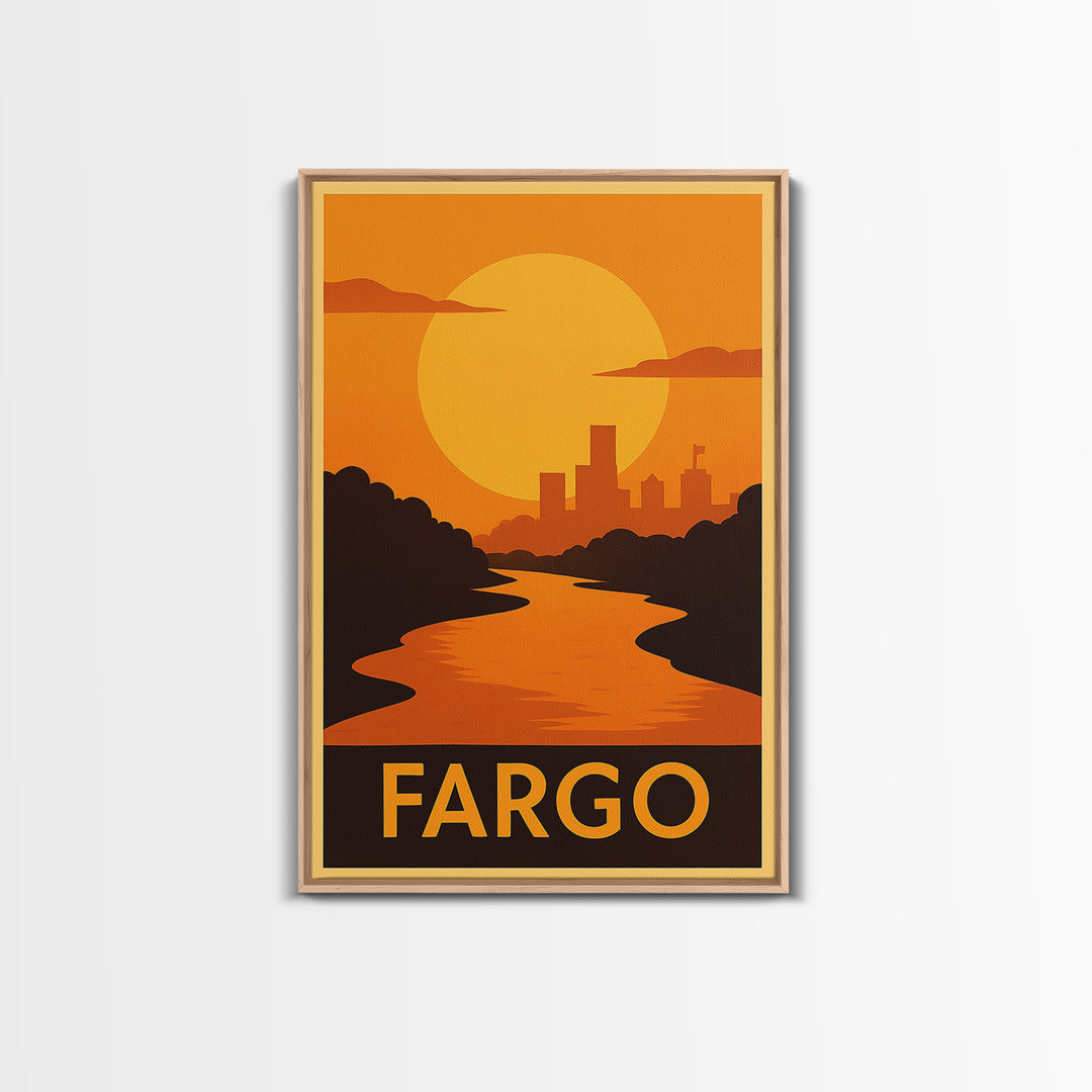 Fargo Travel Poster, Framed Canvas Print, Golden Travel Poster Art, Fargo Travel Art, Mid Century Wall Art, Travel Poster Art, Design 2