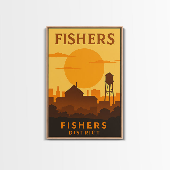 Fishers Indiana Travel Poster, Canvas Print, Gold Art Deco Poster Art, Fishers Wall Art, Travel Poster Set, Watercolor Downtown Skyline