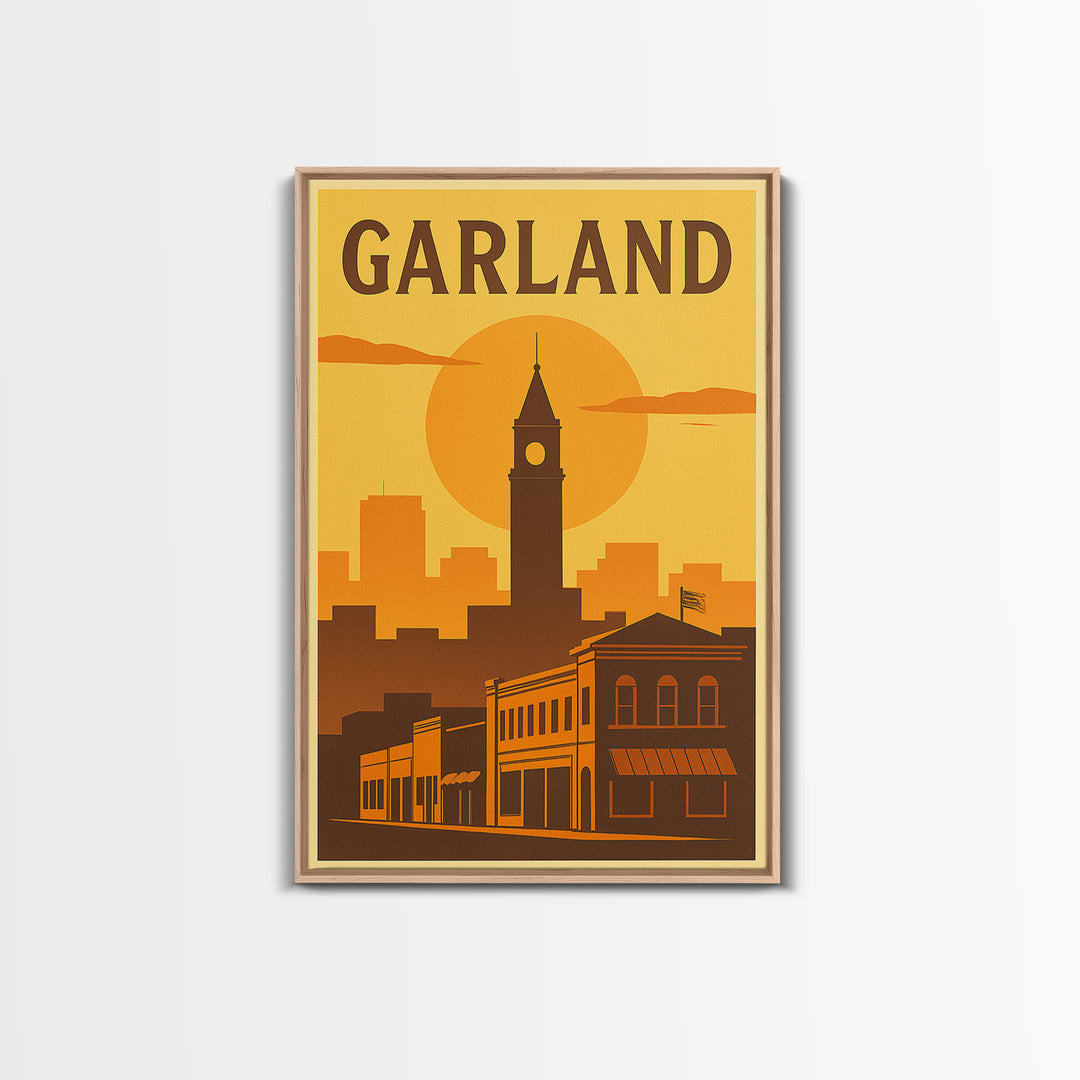 Garland Texas Travel Poster, Framed Canvas Print, Golden Travel Poster Art, Garland Art Print, Eclectic Wall Decor, Gift For Travelers