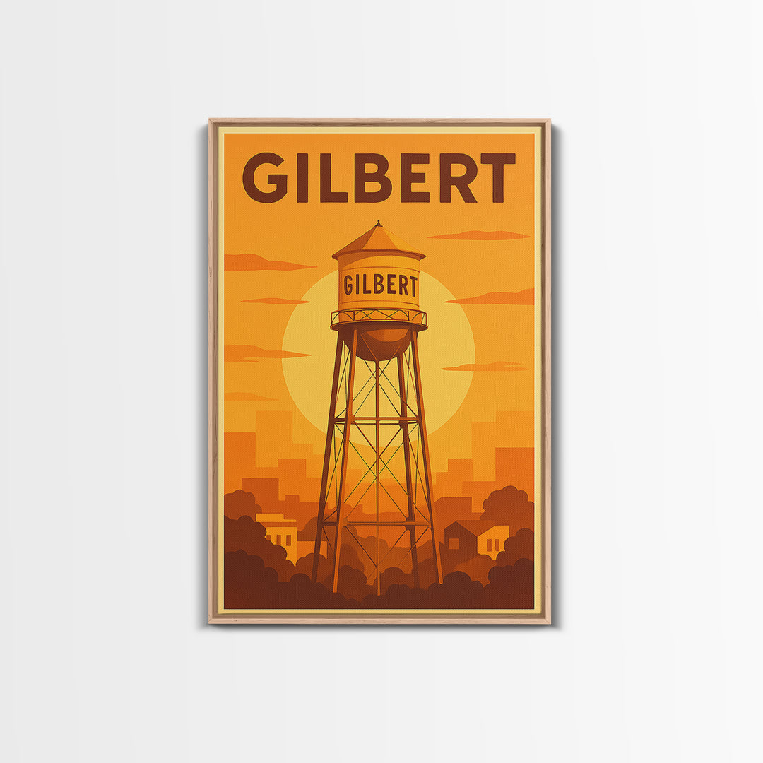 Gilbert Arizona Travel Poster, Canvas Print, Gold Art Deco Poster Art, Gilbert Art Print, Watercolor Skyline, Travel Wall Art, Art Print