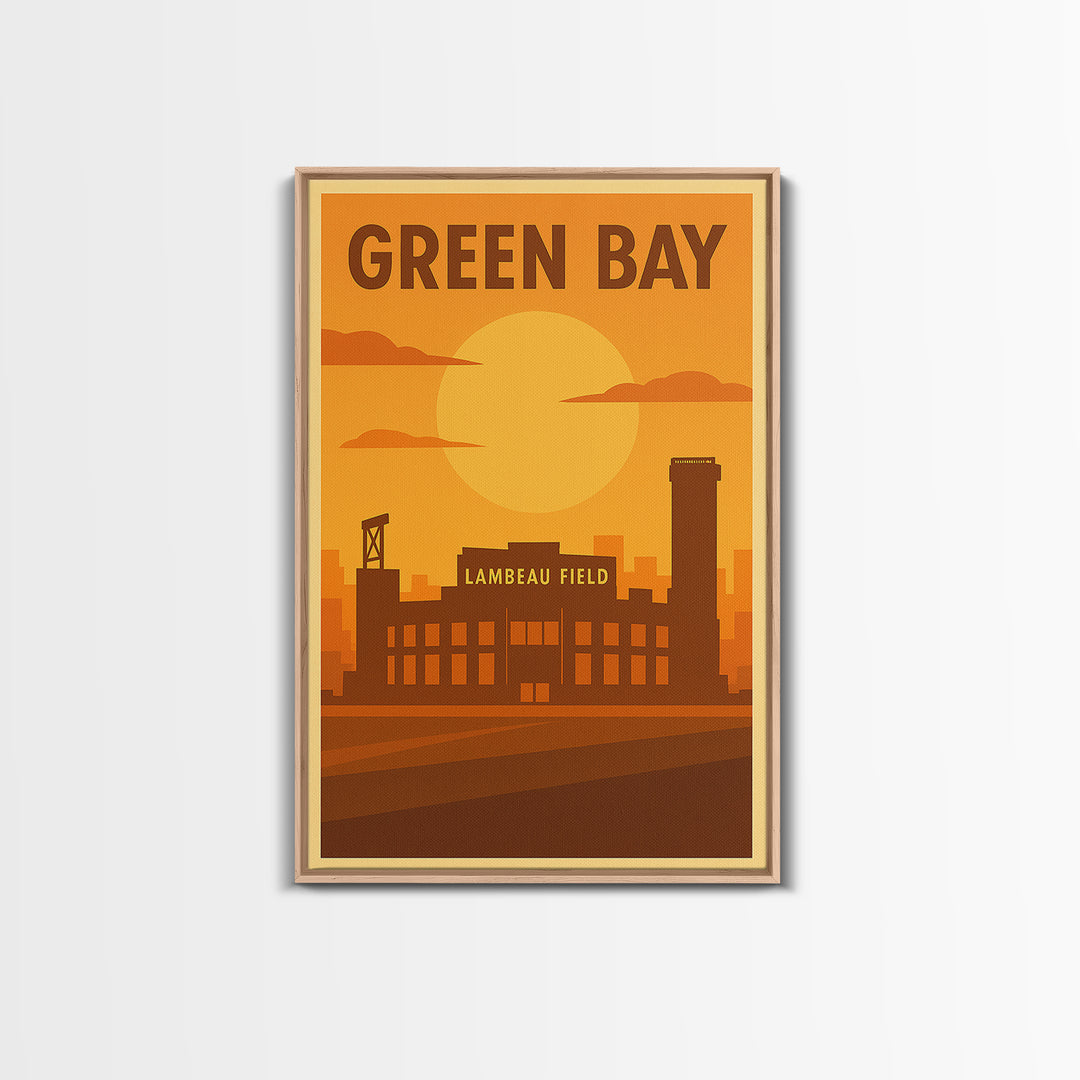 Green Bay Wisconsin Travel Poster, Framed Canvas Print, Vintage Deco Wall Art, Green Bay Wall Art, Gift For Travelers, City Illustration