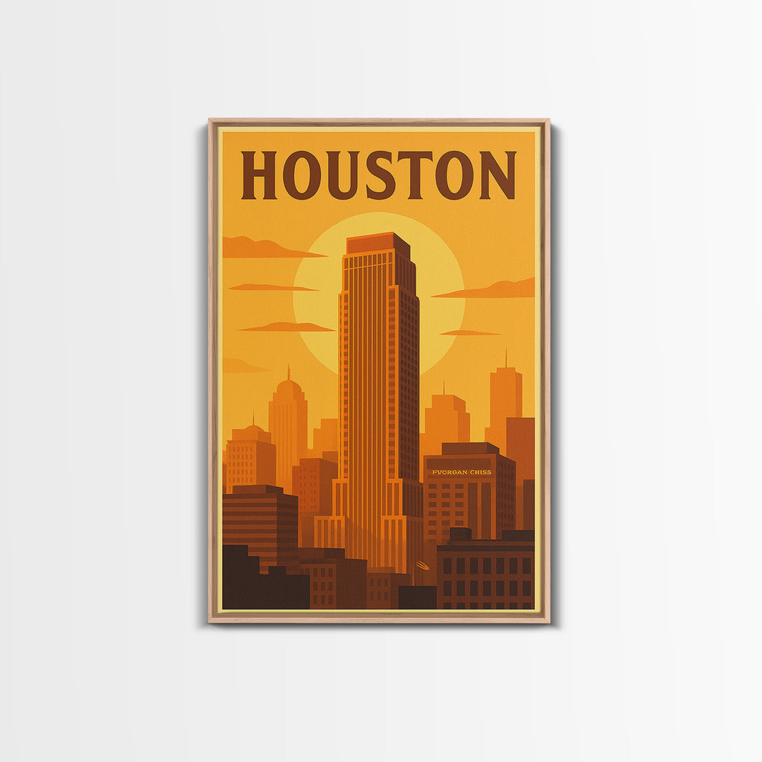 Houston Texas Travel Poster, Canvas Print, Gold Art Deco Poster Art, Houston Travel Art, Wanderlust Decor, Travel Wall Decor, Wall Art