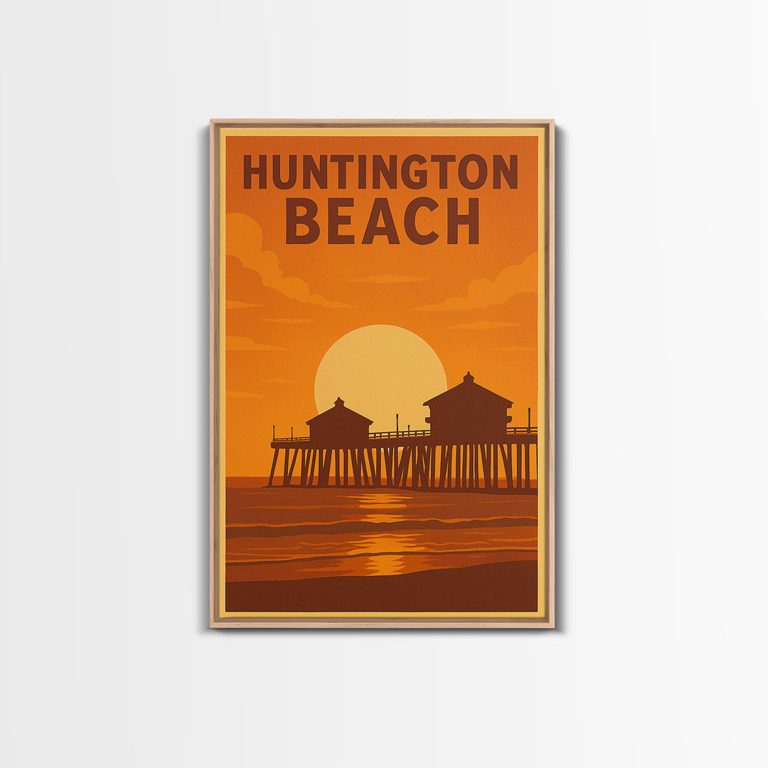 Huntington Beach California Travel Poster, Framed Canvas Print, Warm Sunset Silhouette Art, Huntington Beach Poster Print, City Illustration