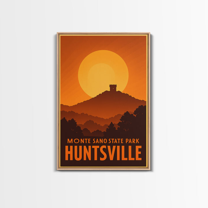 Huntsville Travel Poster, Framed Canvas Print, Warm Sunset Silhouette Art, Huntsville City Art, Vintage City Poster, Vintage City Art