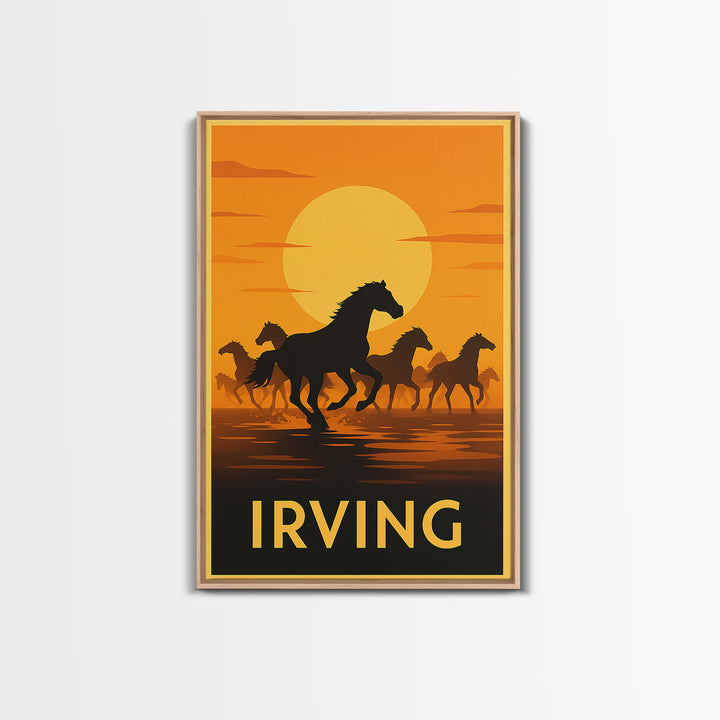 Irving Travel Poster, Framed Canvas Print, Warm Sunset Silhouette Art, Irving City Art, Living Room Wall Art, Wanderlust Decor