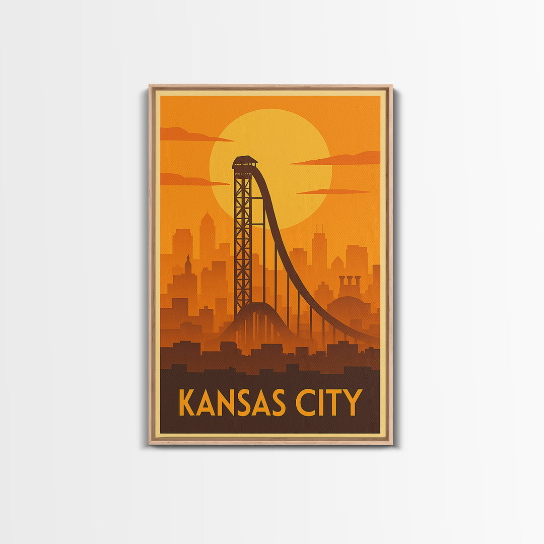 Kansas City Travel Poster, Framed Canvas Print, Gold Art Deco Poster Art, Kansas City Travel Art, Watercolor Urban Skyline, Travel Art Print