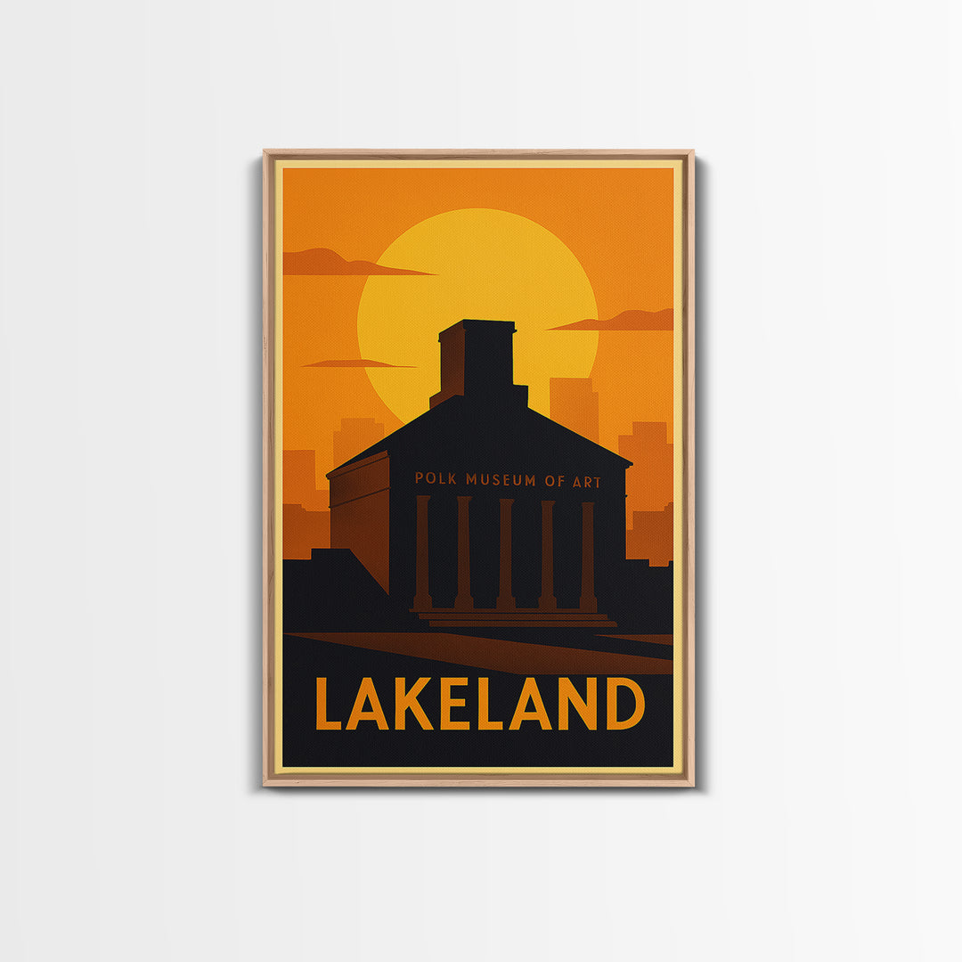 Lakeland Travel Poster, Canvas Print, Warm Sunset Silhouette Art, Lakeland Art Print, Living Room Wall Art, Mid Century Wall Art