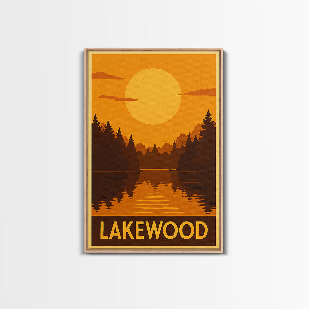 Lakewood Travel Poster, Framed Canvas Print, Golden Travel Poster Art, Lakewood City Art, Living Room Wall Art, City Illustration