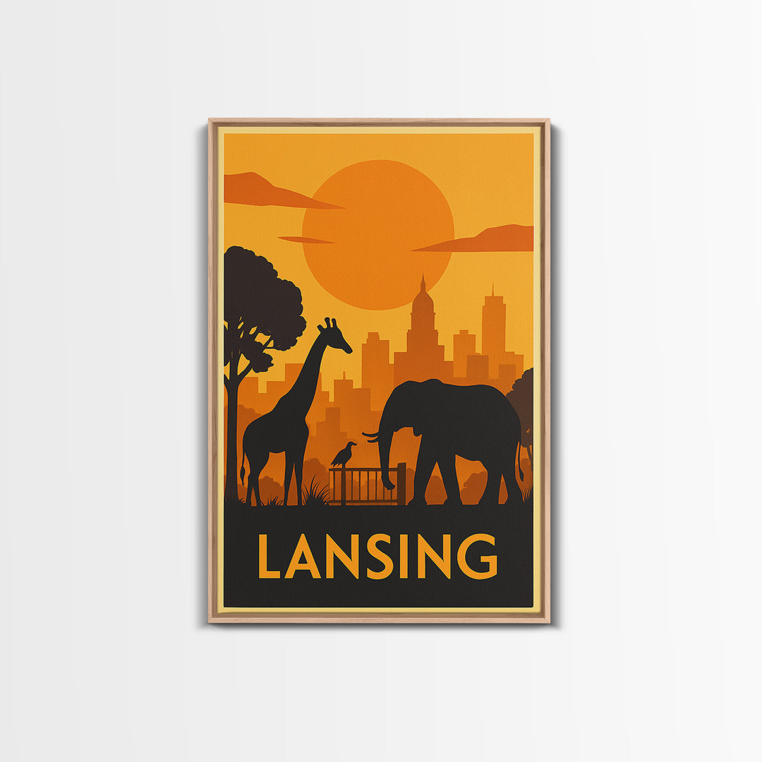 Lansing Travel Poster, Framed Canvas Print, Golden Travel Poster Art, Lansing City Art, Wanderlust Decor, Living Room Wall Art
