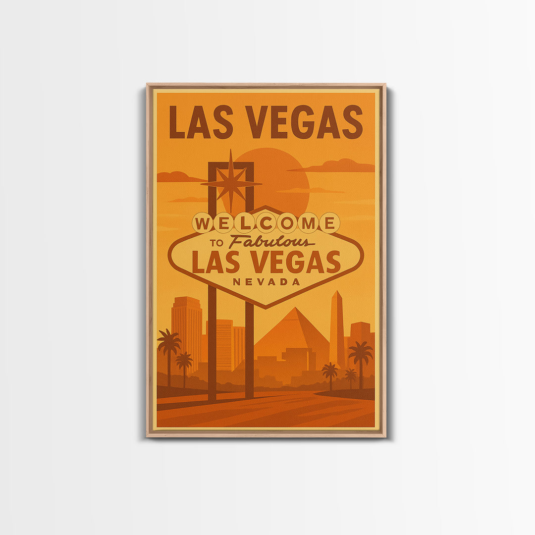 Las Vegas Travel Poster, Framed Canvas Print, Golden Travel Poster Art, Las Vegas Art Print, Modern Wall Decor, Mid Century Wall Art