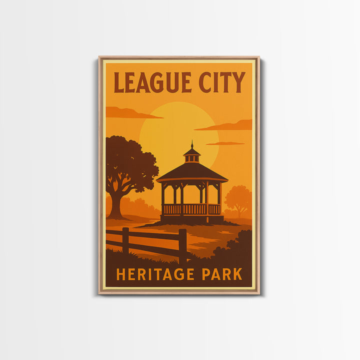 League City Texas Travel Poster, Canvas Print, Golden Travel Poster Art, League City City Art, Living Room Wall Art, Vintage Travel Print
