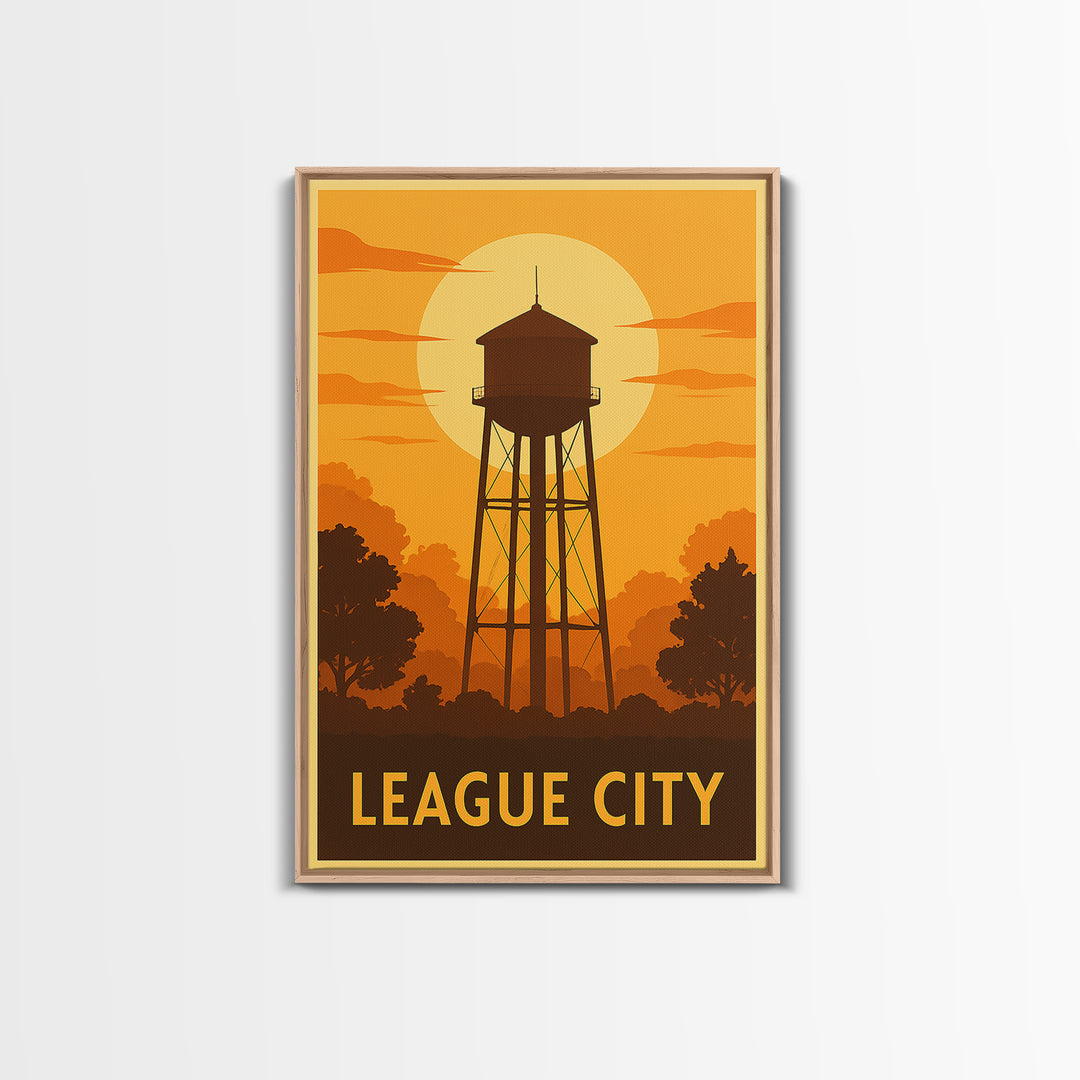 League City Travel Poster, Framed Canvas Print, Vintage Deco Wall Art, League City Travel Art, Vintage Travel Print, Vintage City Art