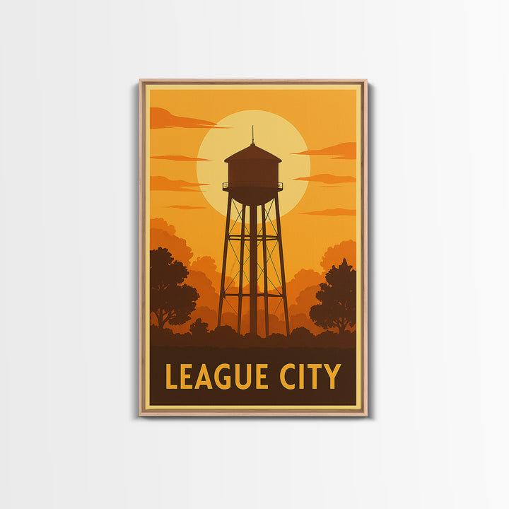 League City Travel Poster, Framed Canvas Print, Vintage Deco Wall Art, League City Travel Art, Vintage Travel Print, Vintage City Art