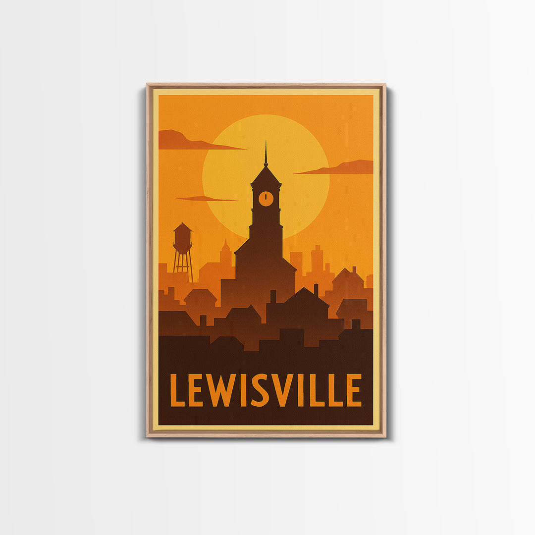 Lewisville Travel Poster, Canvas Print, Warm Sunset Silhouette Art, Lewisville Wall Art, Travel Wall Art, Watercolor City Skyline
