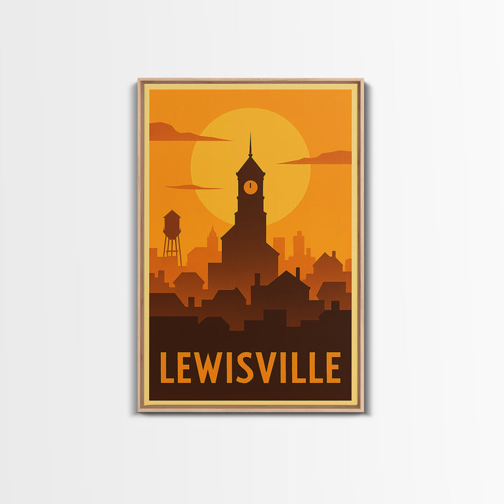 Lewisville Travel Poster, Canvas Print, Warm Sunset Silhouette Art, Lewisville Wall Art, Travel Wall Art, Watercolor City Skyline