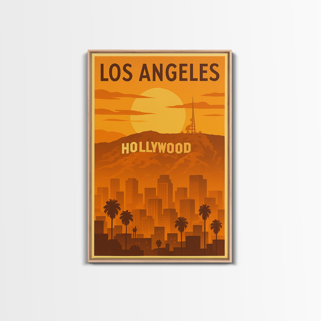 Los Angeles California Travel Poster, Canvas Print, Warm Sunset Silhouette Art, Los Angeles Art Print, City Travel Prints, Wanderlust Decor