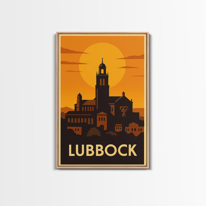 Lubbock Travel Poster, Framed Canvas Print, Warm Sunset Silhouette Art, Lubbock Wall Art, Vintage City Poster, Vintage City Art