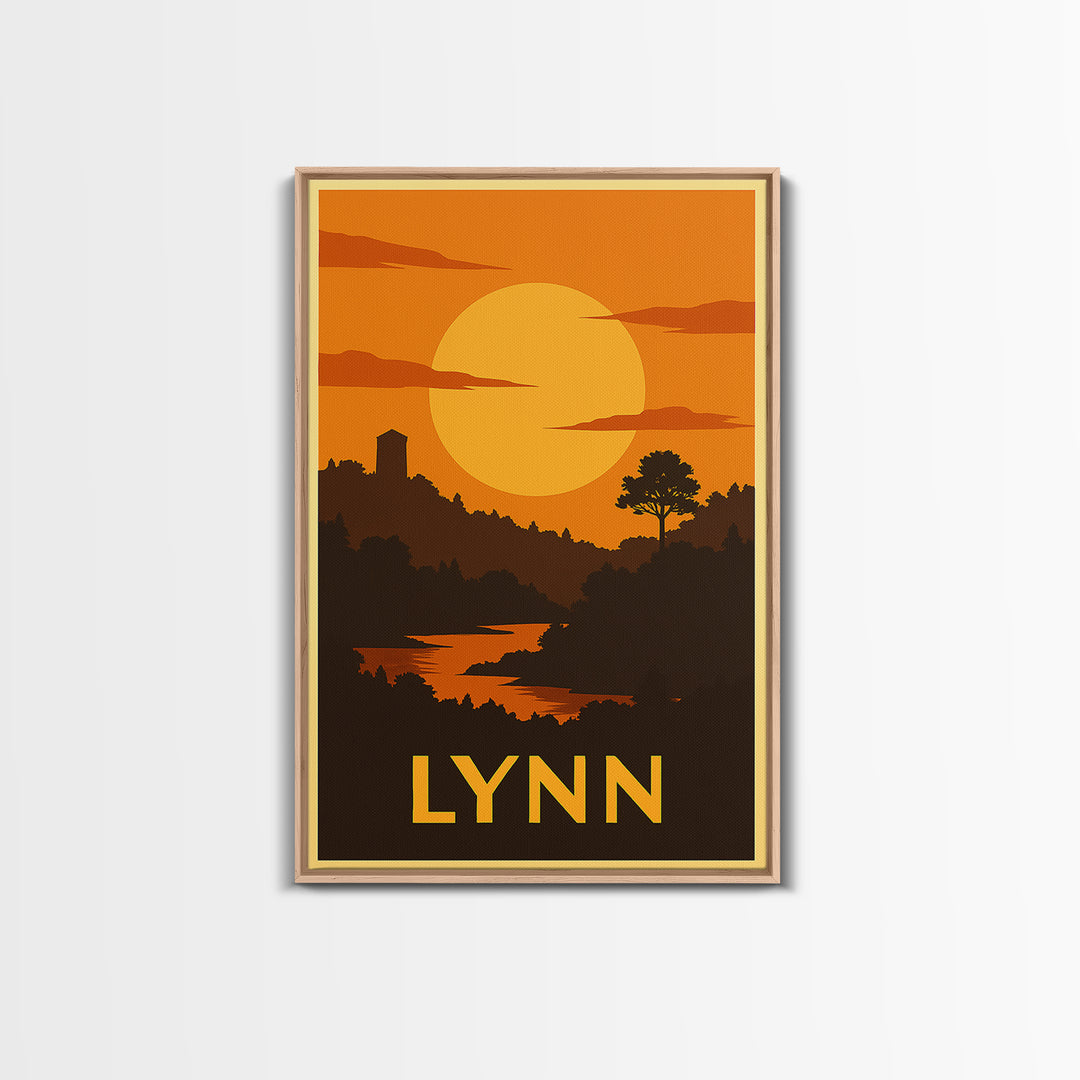 Lynn Travel Poster, Framed Canvas Print, Gold Art Deco Poster Art, Lynn City Art, Watercolor Skyline Art, City Travel Prints, Poster Print