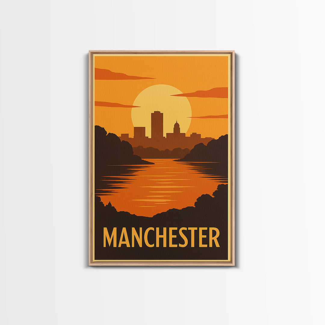 Manchester Travel Poster, Framed Canvas Print, Gold Art Deco Poster Art, Manchester City Art, Travel Poster Art, Watercolor Skyline