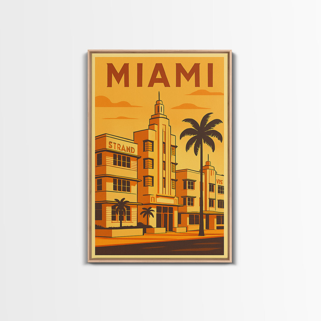 Miami Florida Travel Poster, Framed Canvas Print, Gold Art Deco Poster Art, Miami Travel Art, Home Office Decor, Living Room Wall Art