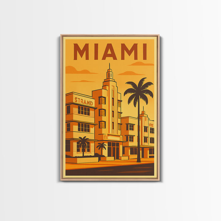 Miami Florida Travel Poster, Framed Canvas Print, Gold Art Deco Poster Art, Miami Travel Art, Home Office Decor, Living Room Wall Art