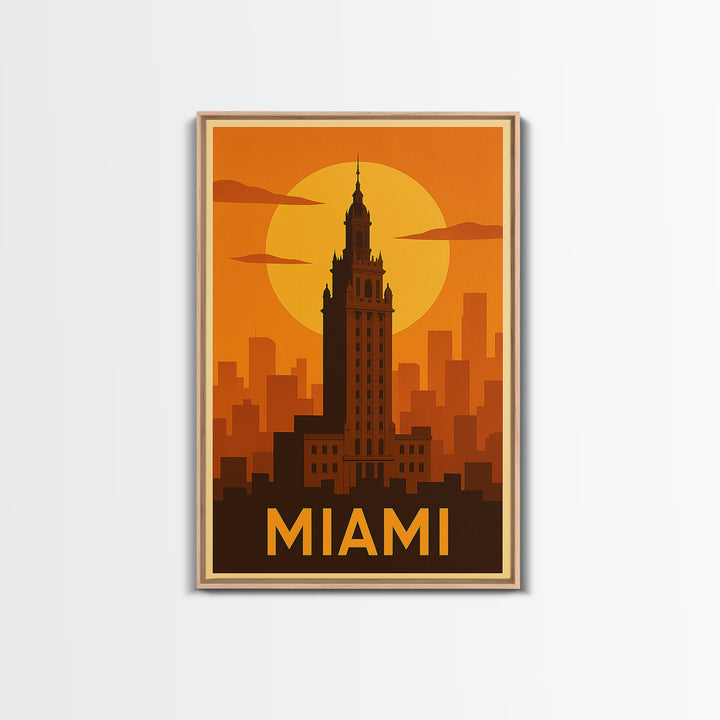 Miami Travel Poster, Framed Canvas Print, Warm Sunset Silhouette Art, Miami Poster Print, Fine Art Print, City Art Print, Vintage Travel Art