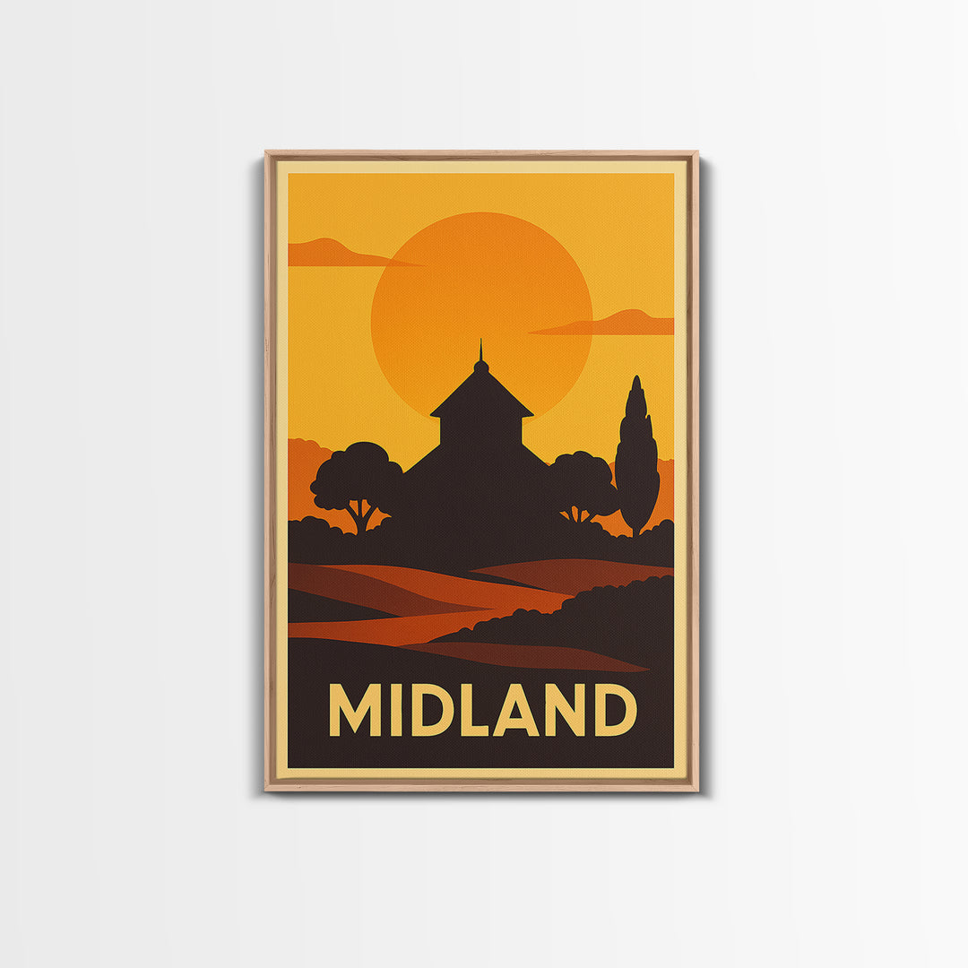 Midland Travel Poster, Framed Canvas Print, Warm Sunset Silhouette Art, Midland Wall Art, Travel Wall Decor, Travel Wall Art, Poster Art