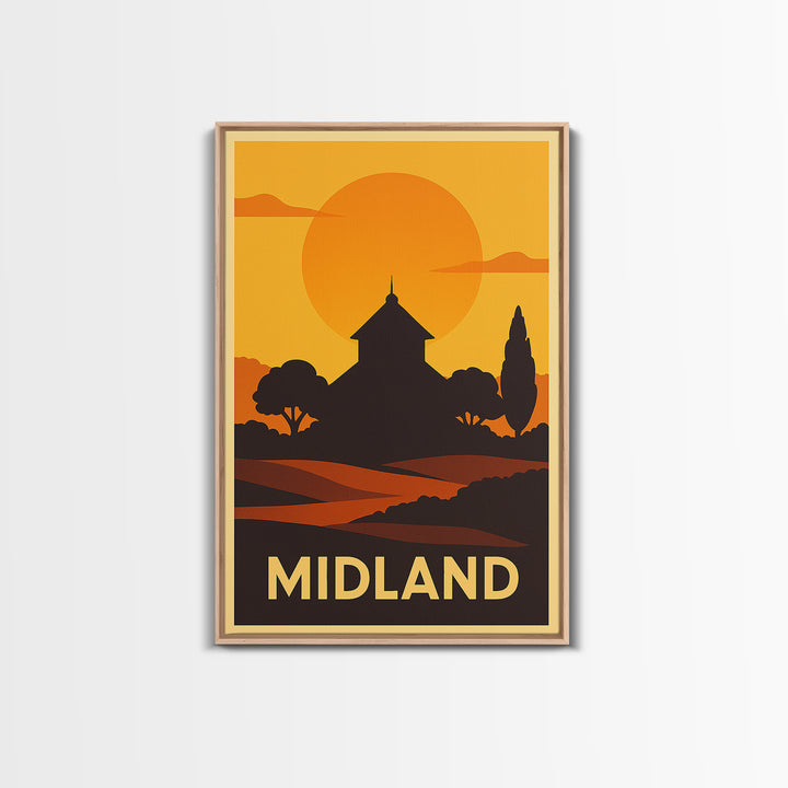 Midland Travel Poster, Framed Canvas Print, Warm Sunset Silhouette Art, Midland Wall Art, Travel Wall Decor, Travel Wall Art, Poster Art