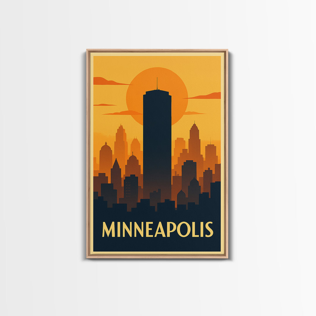 Minneapolis Travel Poster, Framed Canvas Print, Warm Sunset Silhouette Art, Minneapolis Art Print, Eclectic Wall Decor, City Travel Prints