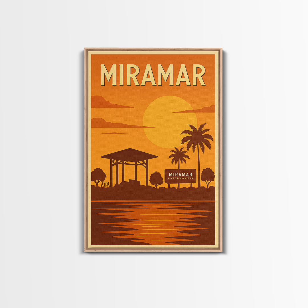 Miramar Florida Travel Poster, Framed Canvas Print, Golden Travel Poster Art, Miramar Poster Print, Modern Wall Decor, Fine Art Print