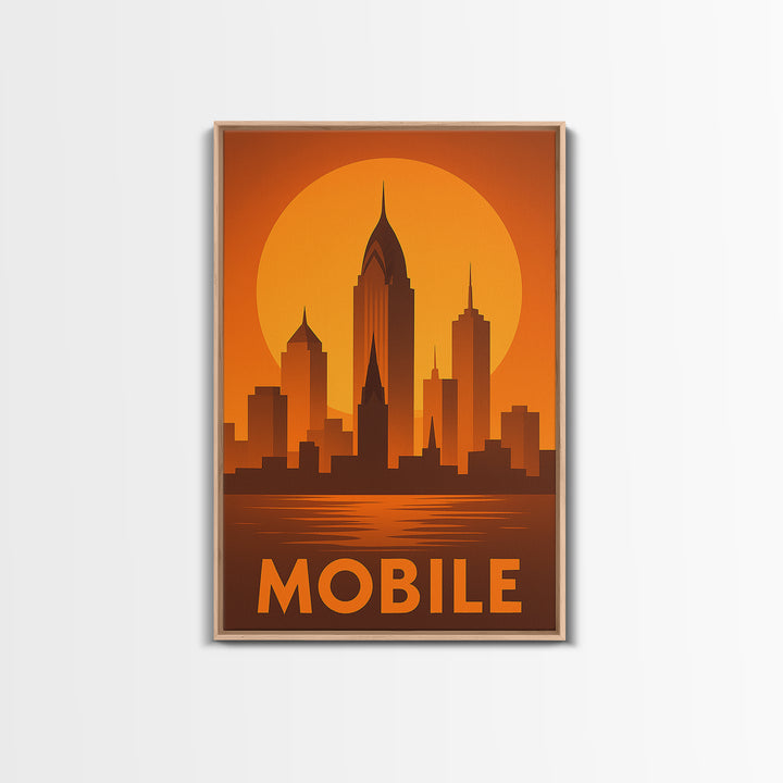 Mobile Travel Poster, Framed Canvas Print, Golden Travel Poster Art, Mobile Art Print, Travel Art Print, Mid Century Wall Art, Design 2