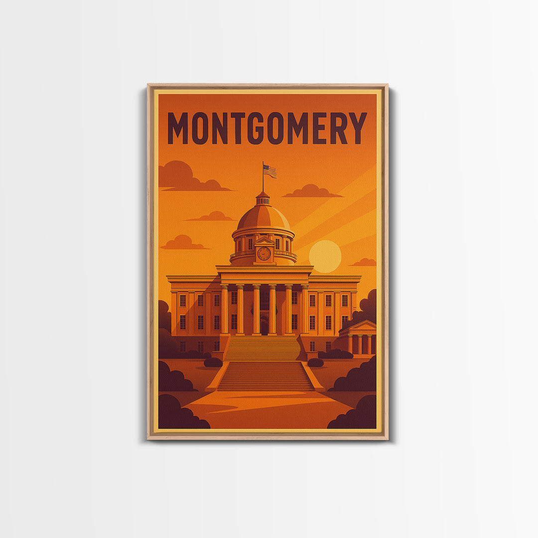 Montgomery Alabama Travel Poster, Canvas Print, Golden Travel Poster Art, Montgomery Travel Art, City Travel Prints, Travel Wall Decor
