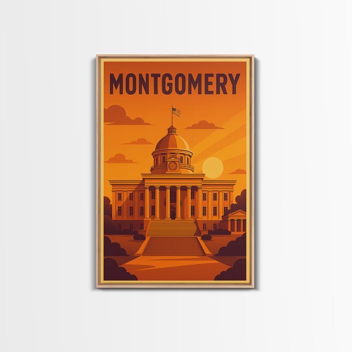 Montgomery Alabama Travel Poster, Canvas Print, Golden Travel Poster Art, Montgomery Travel Art, City Travel Prints, Travel Wall Decor