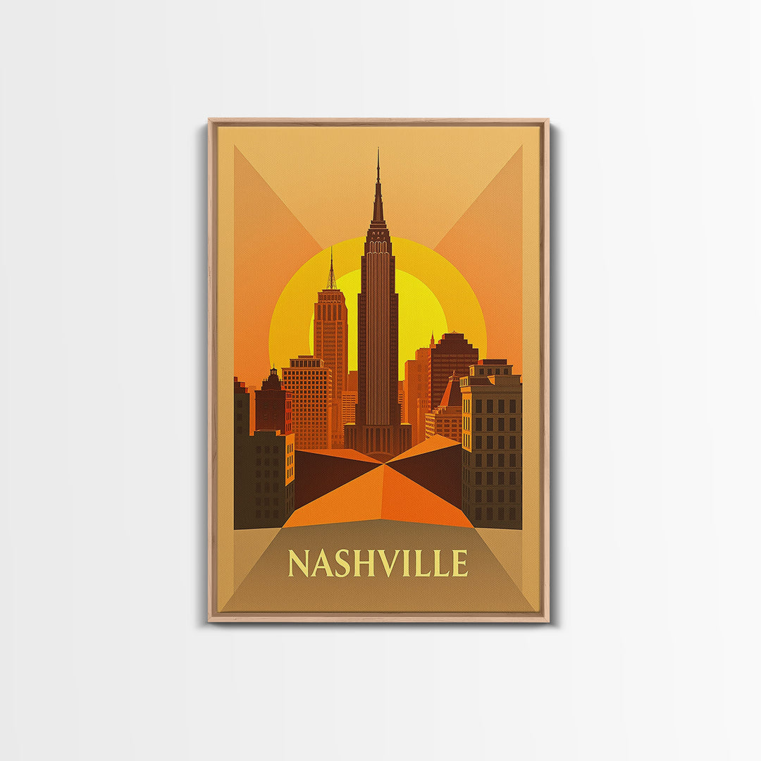 Nashville Tennessee Travel Poster, Framed Canvas Print, Gold Art Deco Poster Art, Nashville City Art, City Art Print, Living Room Wall Art
