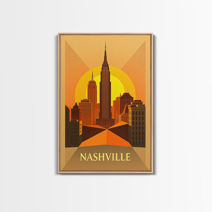Nashville Tennessee Travel Poster, Framed Canvas Print, Gold Art Deco Poster Art, Nashville City Art, City Art Print, Living Room Wall Art