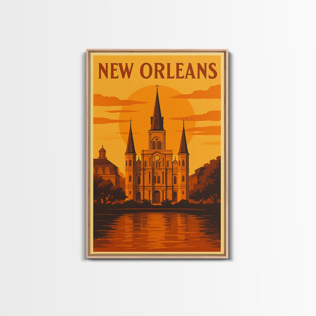 New Orleans Travel Poster, Framed Canvas Print, Golden Travel Poster Art, New Orleans Art Print, Travel Wall Art, City Art Print